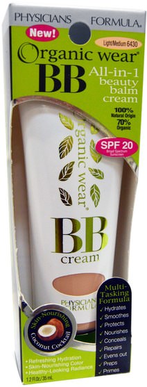 洗澡，美容，化妝，液體化妝 - Physicians Formula, Organic Wear, BB, All-in-1 Beauty Balm Cream, Light/Medium, 1.2 fl oz (35 ml)