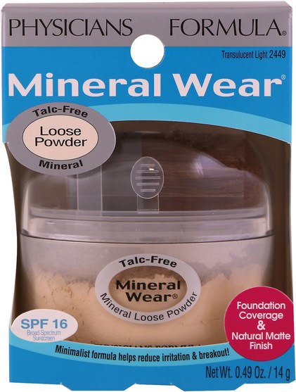 洗澡，美容，化妝 - Physicians Formula, Mineral Wear, Loose Powder, Translucent Light, SPF 16, 0.49 oz (14 g)
