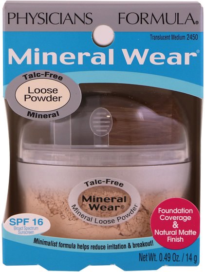洗澡，美容，化妝 - Physicians Formula, Mineral Wear, Loose Powder, Translucent Medium, SPF 16, 0.49 oz (14 g)