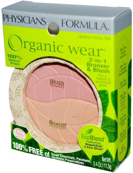 洗澡，美容，化妝，微光/古銅色粉，腮紅 - Physicians Formula, Organic Wear, 2-in-1 Bronzer & Blush, Light Bronzer/Pink Rose, 0.4 oz (11.5 g)