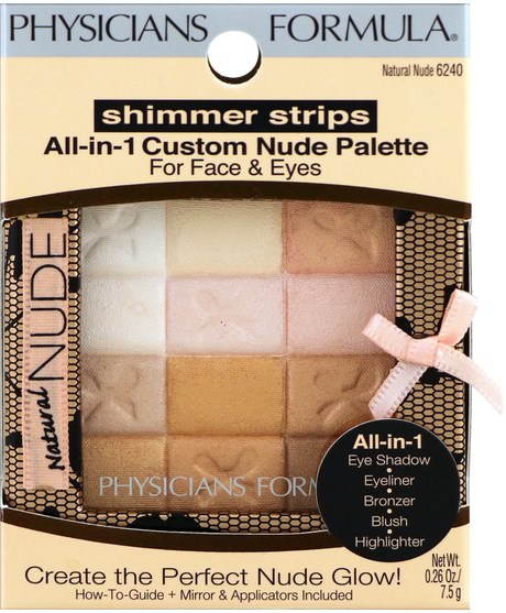 沐浴，美容，化妝，微光/古銅色粉末 - Physicians Formula, Shimmer Strips, All-In-1 Custom Nude Palette, For Face & Eyes, Natural Nude, 0.26 oz (7.5 g)