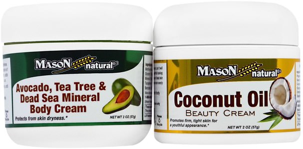 洗澡，美容，禮品套裝 - Mason Naturals, Avocado, Tea Tree & Dead Sea Mineral Body Cream + Coconut Oil Beauty Creams, 2 Jars, 2 oz (57 g) Each