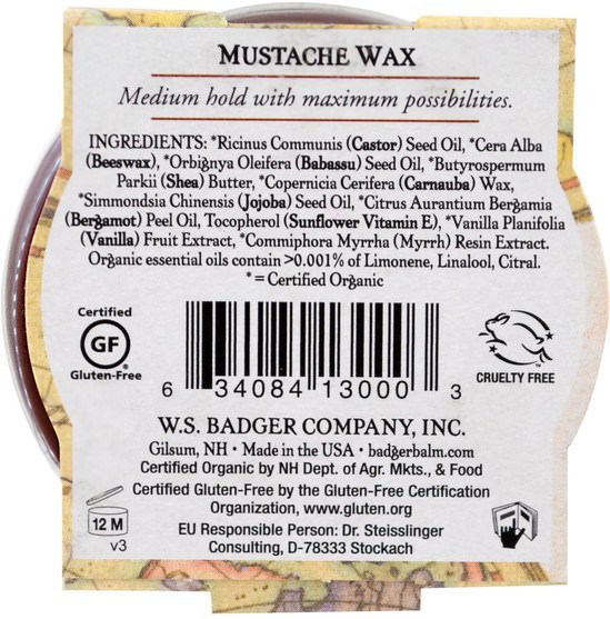 洗澡，美容，男士個人護理 - Badger Company, Organic Mustache Wax, Man Care.75 oz (21 g)