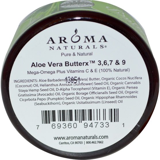 洗澡，美容，歐米茄浴 - Aroma Naturals, Pure Aloe Vera Butter, Face & Body Moisturizer, 3.3 oz (95 g)