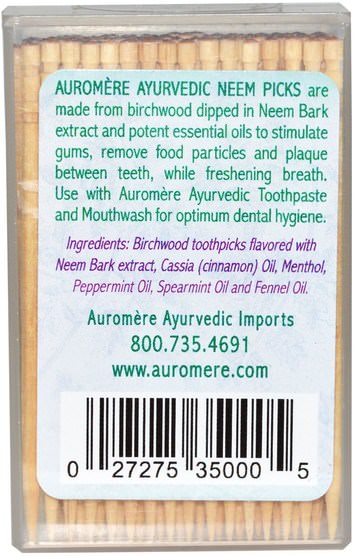 洗澡，美容，口腔牙科護理 - Auromere, Ayurvedic Toothpicks, Neem Picks, 100 Pieces