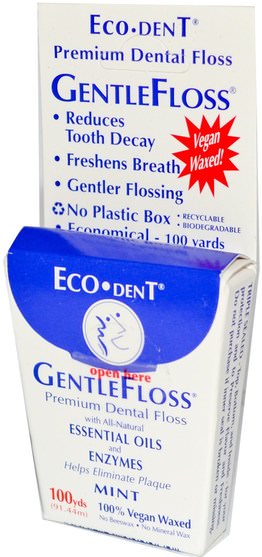 洗澡，美容，口腔牙齒護理，牙線 - Eco-Dent, GentleFloss, Mint, 100 yds (91.44 m)