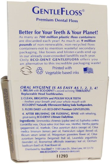 洗澡，美容，口腔牙齒護理，牙線 - Eco-Dent, GentleFloss, Mint, 40 Yds (36.57 m)
