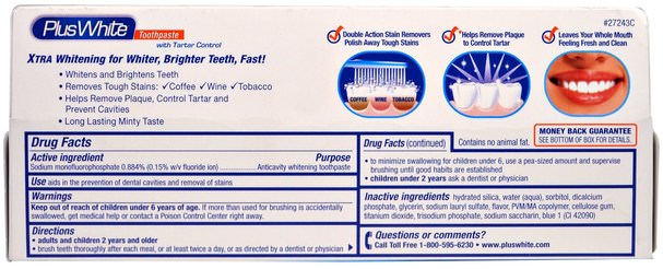 沐浴，美容，口腔牙齒護理，牙齒美白，牙膏 - Plus White, Xtra Plus White Toothpaste with Tartar Control, Cool & Crisp Mint Flavor, 3.5 oz (100 g)
