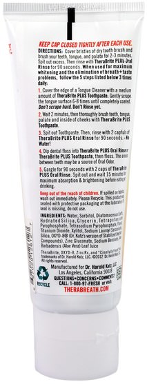 沐浴，美容，口腔牙齒護理，牙齒美白，牙膏 - TheraBreath, TheraBrite Plus, Multi-Effective Toothpaste, 3.5 oz (100 g)