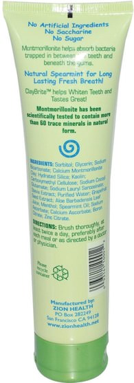 沐浴，美容，口腔牙齒護理，牙齒美白，牙膏 - Zion Health, ClayBrite, Natural Toothpaste, Natural Mint Flavor, 3.2 oz (92 g)