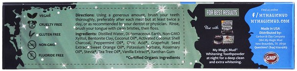 洗澡，美容，口腔牙齒護理，牙膏 - My Magic Mud, Activated Charcoal, Fluoride-Free Whitening Toothpaste, Peppermint, 4 oz (113 g)