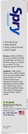 沐浴，美容，口腔牙齒護理，木糖醇口腔護理，牙膏 - Xlear, Spry Toothpaste, Anti-Plaque and Tartar Control, Fluoride Free, Natural Wintergreen, 5 oz (141 g)