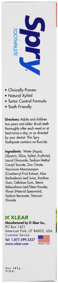沐浴，美容，口腔牙齒護理，木糖醇口腔護理，牙膏 - Xlear, Spry Toothpaste, Anti-Plaque Tartar Control, Fluoride Free, Natural Spearmint, 5 oz (141 g)