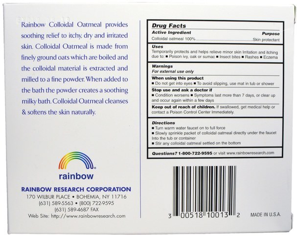 洗澡，美女 - Rainbow Research, 100% Natural Colloidal Oatmeal Bath, 3 Packets, 1.5 oz Each