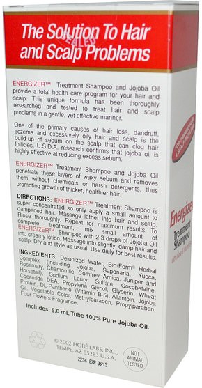 洗澡，美容，洗髮水，頭髮，頭皮，護髮素 - Hobe Labs, Energizer Treatment Shampoo with Jojoba & Vitamin B-5, 4 fl oz (118 ml)
