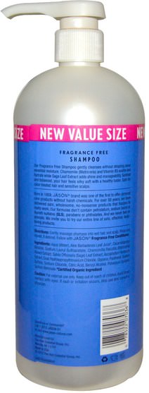 洗澡，美容，洗髮水，頭髮，頭皮，護髮素 - Jason Natural, Everyday Shampoo, Fragrance Free, 32 fl oz (946 ml)