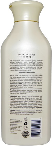 洗澡，美容，洗髮水，頭髮，頭皮，護髮素 - Jason Natural, Shampoo, Fragrance Free, 16 fl oz (473 ml)