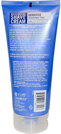 洗澡，美容，剃須膏，摩洛哥堅果 - Giovanni, Moisturizing Shave Cream, Sensitive, Fragrance Free, 7 fl oz (207 ml)