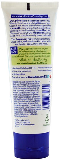 洗澡，美容，剃須膏 - Kiss My Face, 4 in 1 Moisture Shave, Fragrance Free, 3.4 fl oz (100 ml)