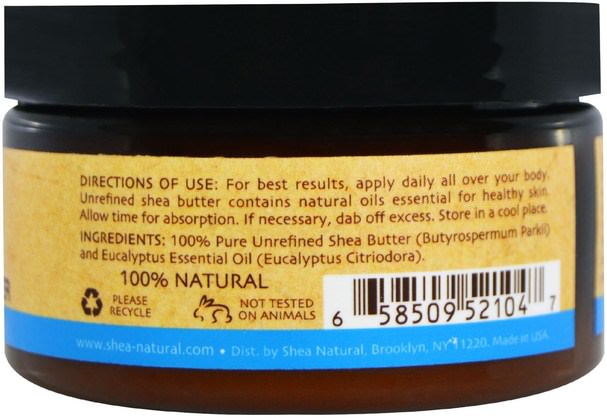 洗澡，美容，乳木果油 - Shea Natural, 100% Whipped Shea Butter With Eucalyptus Essential Oil, 3.2 oz (90 g)