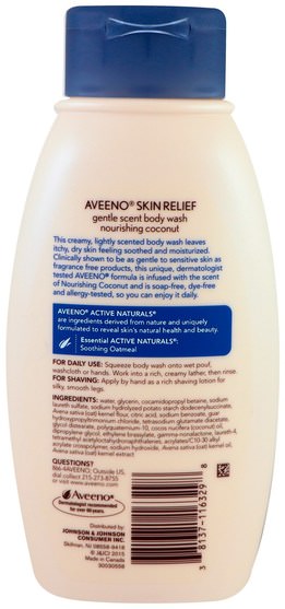 洗澡，美容，沐浴露 - Aveeno, Skin Relief, Gentle Scent Body Wash, Nourishing Coconut, 12 fl oz (354 ml)