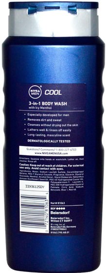 洗澡，美容，沐浴露 - Nivea, 3-in-1 Body Wash, Men, Cool, 16.9 fl oz (500 ml)