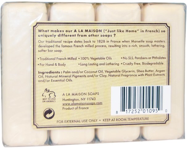 洗澡，美容，肥皂 - A La Maison de Provence, Hand & Body Bar Soap, Pure Coconut, 4 Bars, 3.5 oz Each