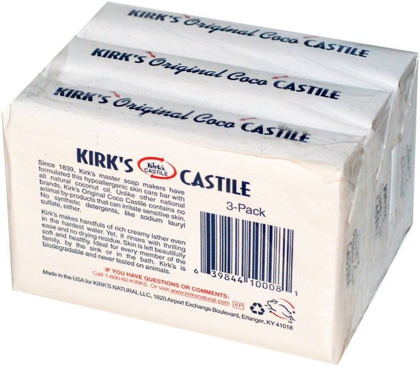 洗澡，美容，肥皂，卡斯蒂利亞肥皂 - Kirks, Original Coco Castile Bar Soap, 3 Bars, 4 oz (113 g) Each
