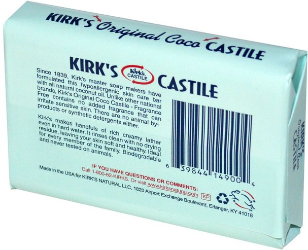 洗澡，美容，肥皂，卡斯蒂利亞肥皂 - Kirks, Original Coco Castile Bar Soap, Fragrance Free, 4 oz (113 g)