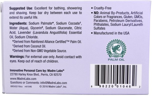 浴，美容，肥皂，卡斯蒂利亞肥皂，馬德雷實驗室卡斯蒂利亞肥皂 - Madre Labs, Castile Soap Bar, No Gluten, No GMOs, No Sulfates, Plant-Based, Lavender, 5 oz (141 g)