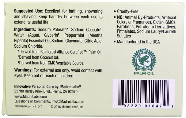 浴，美容，肥皂，卡斯蒂利亞肥皂，馬德雷實驗室卡斯蒂利亞肥皂 - Madre Labs, Castile Soap Bar, No Gluten, No GMOs, No Sulfates, Plant-Based, Peppermint, 5 oz (141 g)
