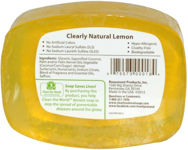 洗澡，美容，肥皂 - Clearly Natural, Essentials, Pure and Natural Glycerine Soap, Lemon, 4 oz (113 g)