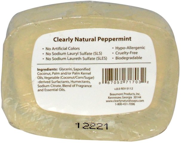 洗澡，美容，肥皂 - Clearly Natural, Essentials, Pure and Natural Glycerine Soap, Peppermint, 4 oz (113 g)