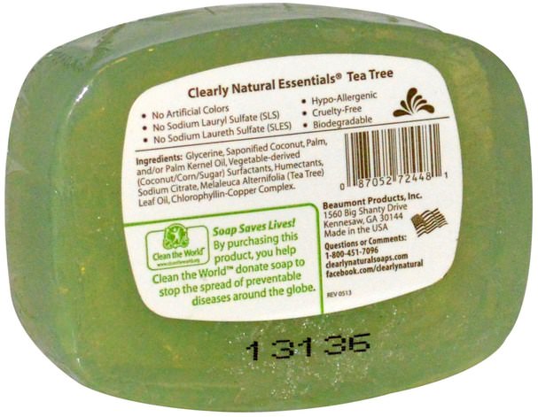 洗澡，美容，肥皂 - Clearly Natural, Essentials, Pure and Natural Glycerine Soap, Tea Tree, 4 oz (113 g)
