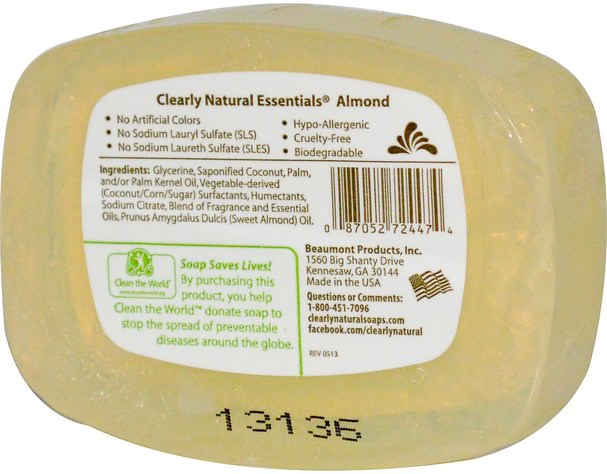 洗澡，美容，肥皂 - Clearly Natural, Essentials, Pure and Natural Glycerine Soap, Almond, 4 oz (113 g)