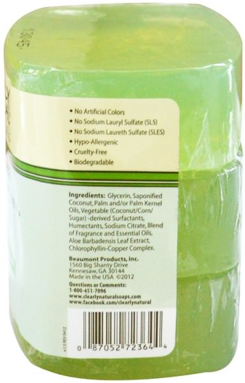 洗澡，美容，肥皂 - Clearly Natural, Essentials, Pure and Natural Glycerine Soap, Aloe Vera, 3 Bar Pack, 4 oz Each