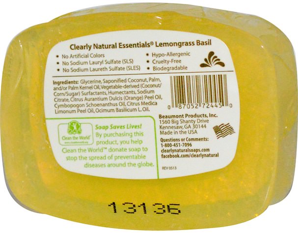洗澡，美容，肥皂 - Clearly Natural, Essentials, Pure and Natural Glycerine Soap, Lemongrass Basil, 4 oz (113 g)