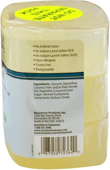 洗澡，美容，肥皂 - Clearly Natural, Essentials, Pure and Natural Glycerine Soap, Unscented, 3 Bar Pack, 4 oz Each