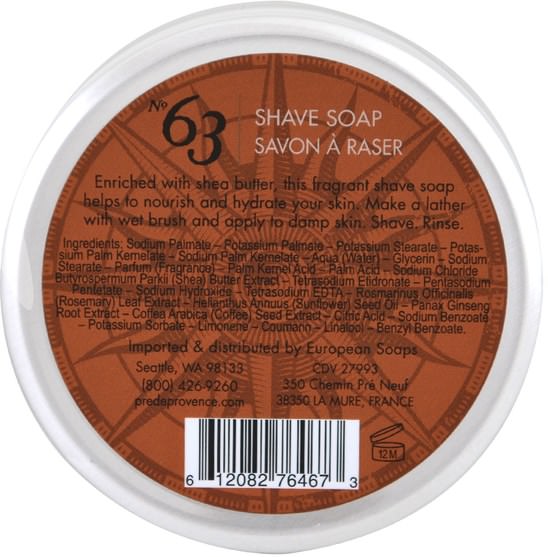 洗澡，美容，肥皂 - European Soaps, Pre de Provence, No. 63 Shave Soap, 5.25 oz (150 g)