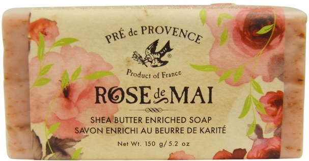 洗澡，美容，肥皂 - European Soaps, Pre De Provence, Rose de Mai, Bar Soap, 5.2 oz (150 g)
