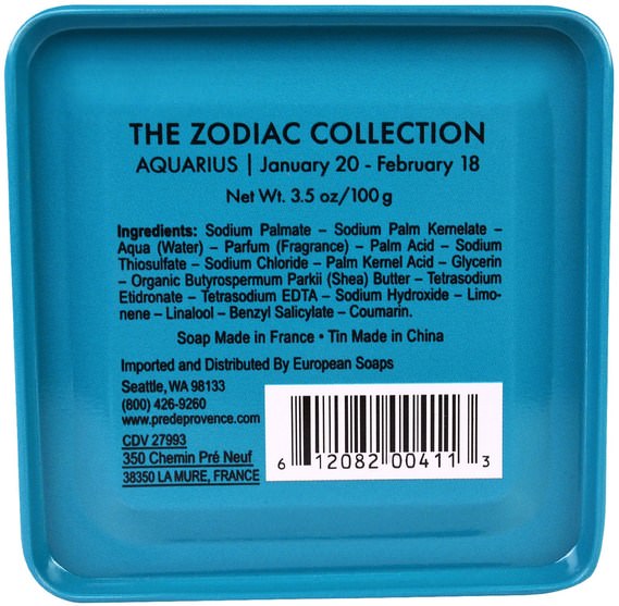 洗澡，美容，肥皂，健康，皮膚 - European Soaps, Pre De Provence, The Zodiac Collection, Aquarius, 3.5 oz (100 g)