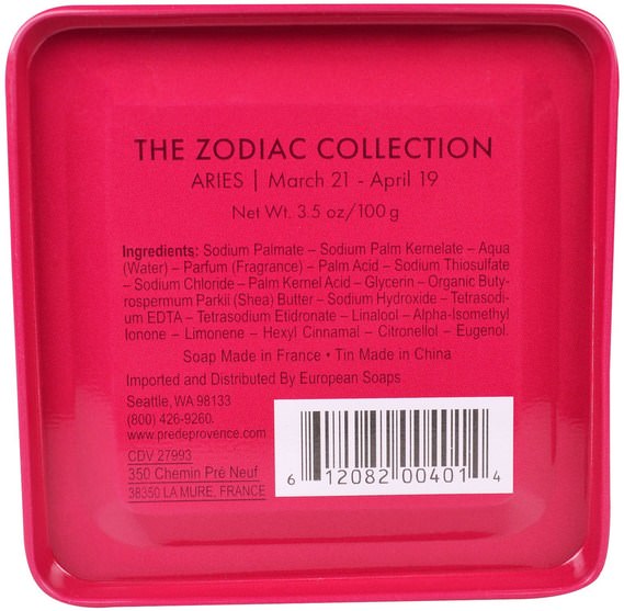 洗澡，美容，肥皂，健康，皮膚 - European Soaps, Pre De Provence, The Zodiac Collection, Aries, 3.5 oz (100 g)