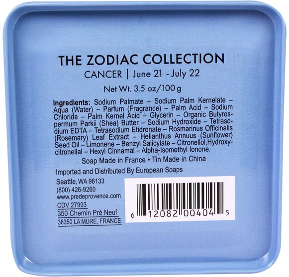 洗澡，美容，肥皂，健康，皮膚 - European Soaps, Pre De Provence, The Zodiac Collection, Cancer, 3.5 oz (100 g)