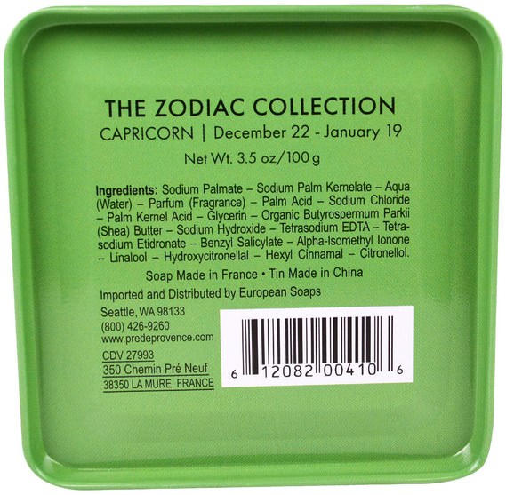 洗澡，美容，肥皂，健康，皮膚 - European Soaps, Pre De Provence, The Zodiac Collection, Capricorn, 3.5 oz (100 g)