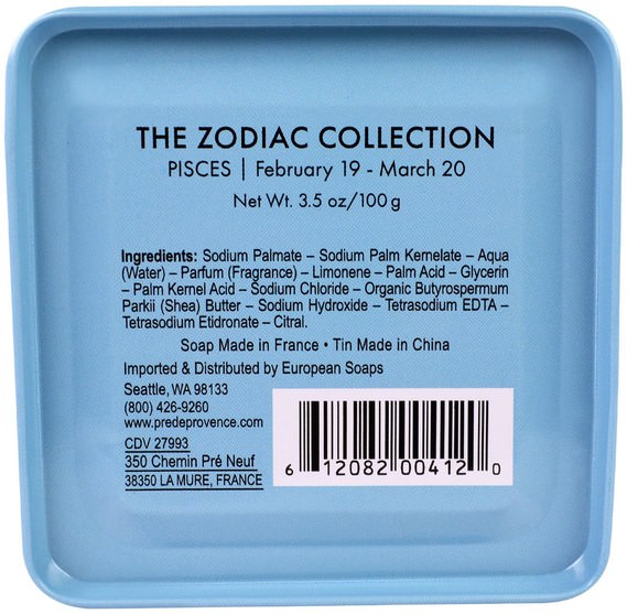 洗澡，美容，肥皂，健康，皮膚 - European Soaps, Pre De Provence, The Zodiac Collection, Pisces, 3.5 oz (100 g)
