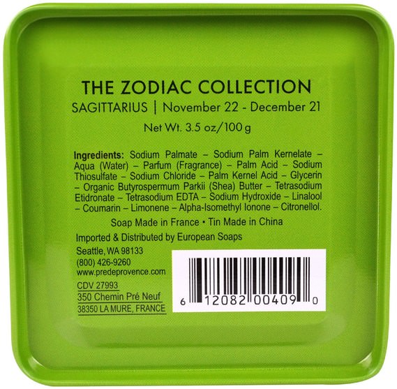 洗澡，美容，肥皂，健康，皮膚 - European Soaps, Pre De Provence, The Zodiac Collection, Sagittarius, 3.5 oz (100 g)
