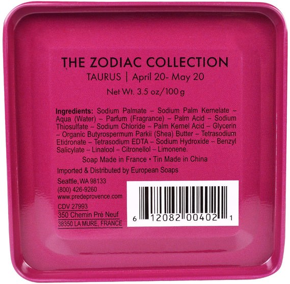 洗澡，美容，肥皂，健康，皮膚 - European Soaps, Pre De Provence, The Zodiac Collection, Taurus, 3.5 oz (100 g)