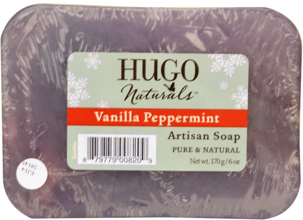 洗澡，美容，禮品套裝，肥皂 - Hugo Naturals, Artisan Soap Bar, Vanilla Peppermint Snowflake, 6 oz (170 g)