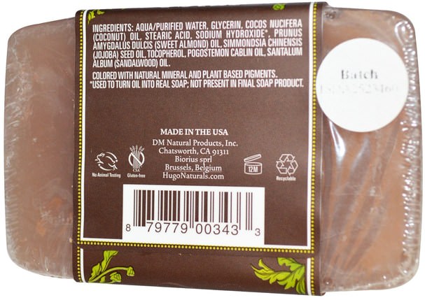 洗澡，美容，肥皂 - Hugo Naturals, Handcrafted Soap, Indonesian Patchouli & Sandalwood, 4 oz (113 g)