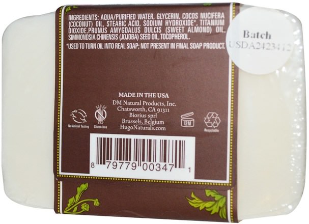 洗澡，美容，肥皂 - Hugo Naturals, Handcrafted Soap, Unscented, 4 oz (113 g)